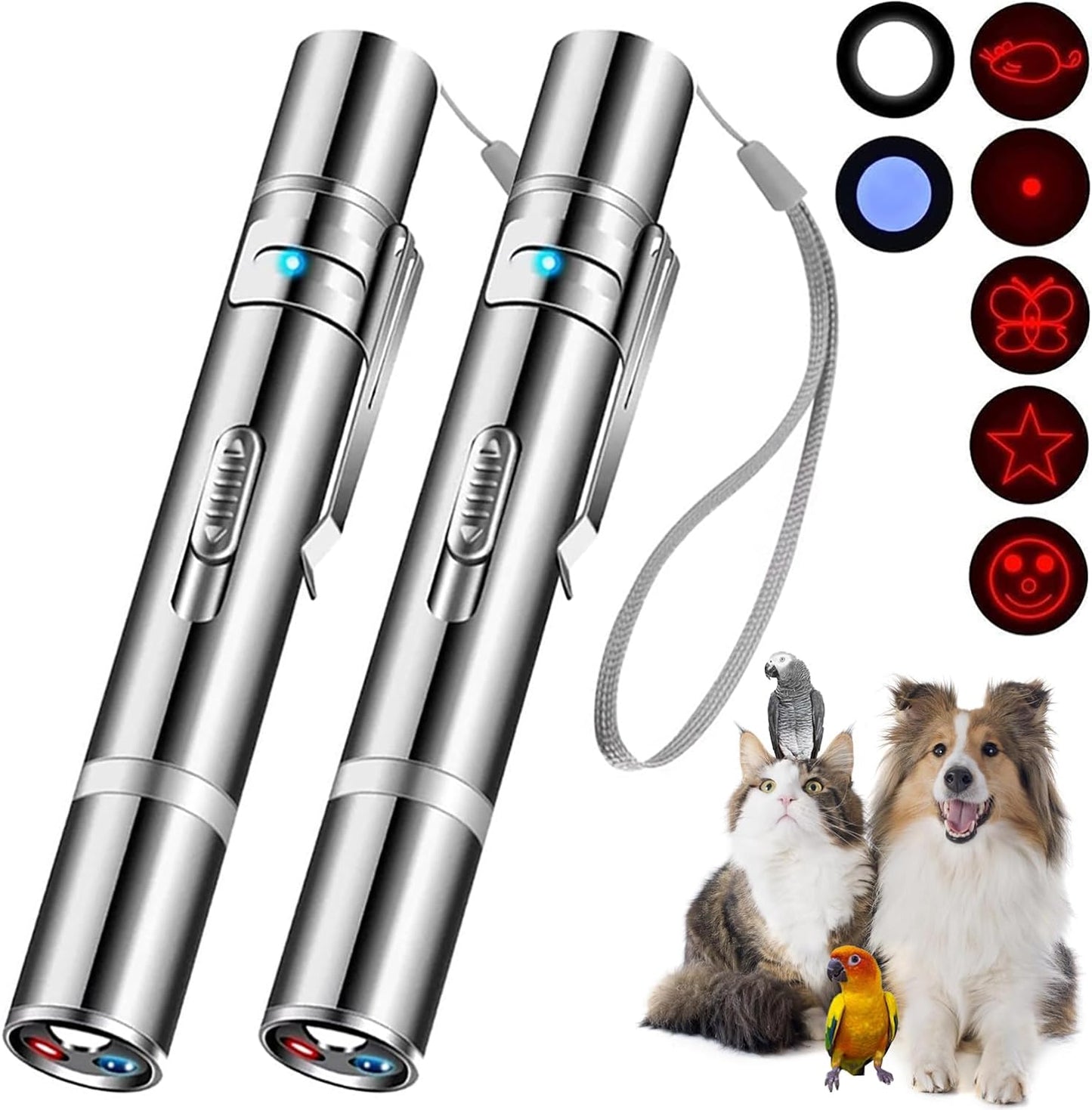 Cowjag Cat Toys, Laser Pointer with 7 Adjustable Patterns, USB Recharge Laser, Long Range and 3 Modes Training Chaser Interactive Toy, Birds Toys, Dog Laser Pen Toy(2Pcs)