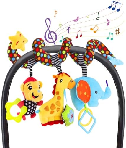 WILLWAY Car Seat Toys, Stroller Toy Baby Spiral Hanging Toys for Sensory Exploration, 0-12 Months Newborn Toys for Car Seat Stroller Crib Bassinet Mobile with Music Box BB Squeaker Rattles