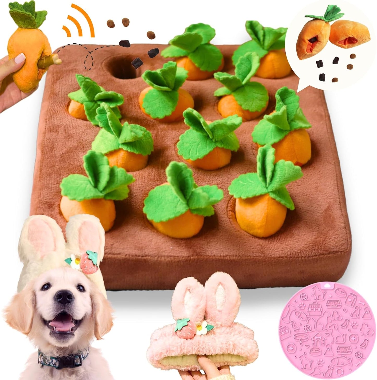 Dog Enrichment Puzzle, Interactive Squeaky Carrot Farm Snuffle Mat for Mental Stimulation and Puppy Brain Training, Small, Medium and Large Dogs (Upgraded Carrots with Treat Pockets)