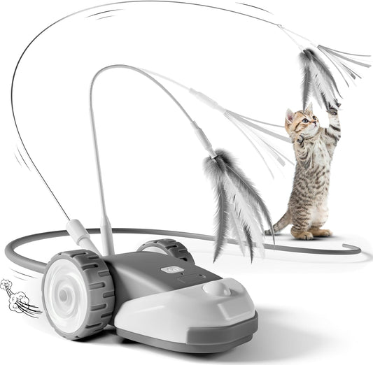 3-in-1 Interactive Cat Toy - 2-Speed Automatic Moving Mouse Cat Toys Self Play with 2pcs Hanging Feather String Ribbon and Wiggly Silicone Mice Tail for Bored Indoor Adult Cats Kittens